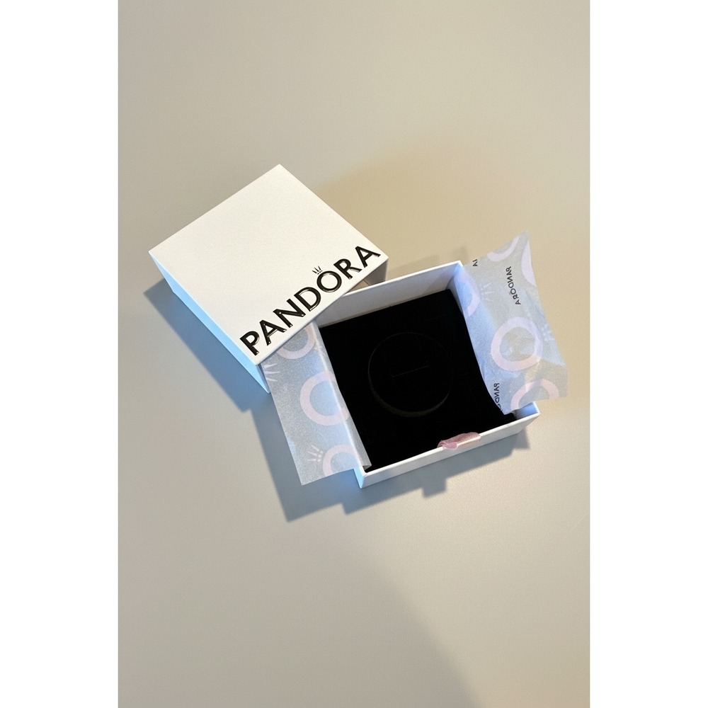 Pandora White Square Jewelry Gift Box Black Velvet Lining Pink Ribbon Pull Tab
